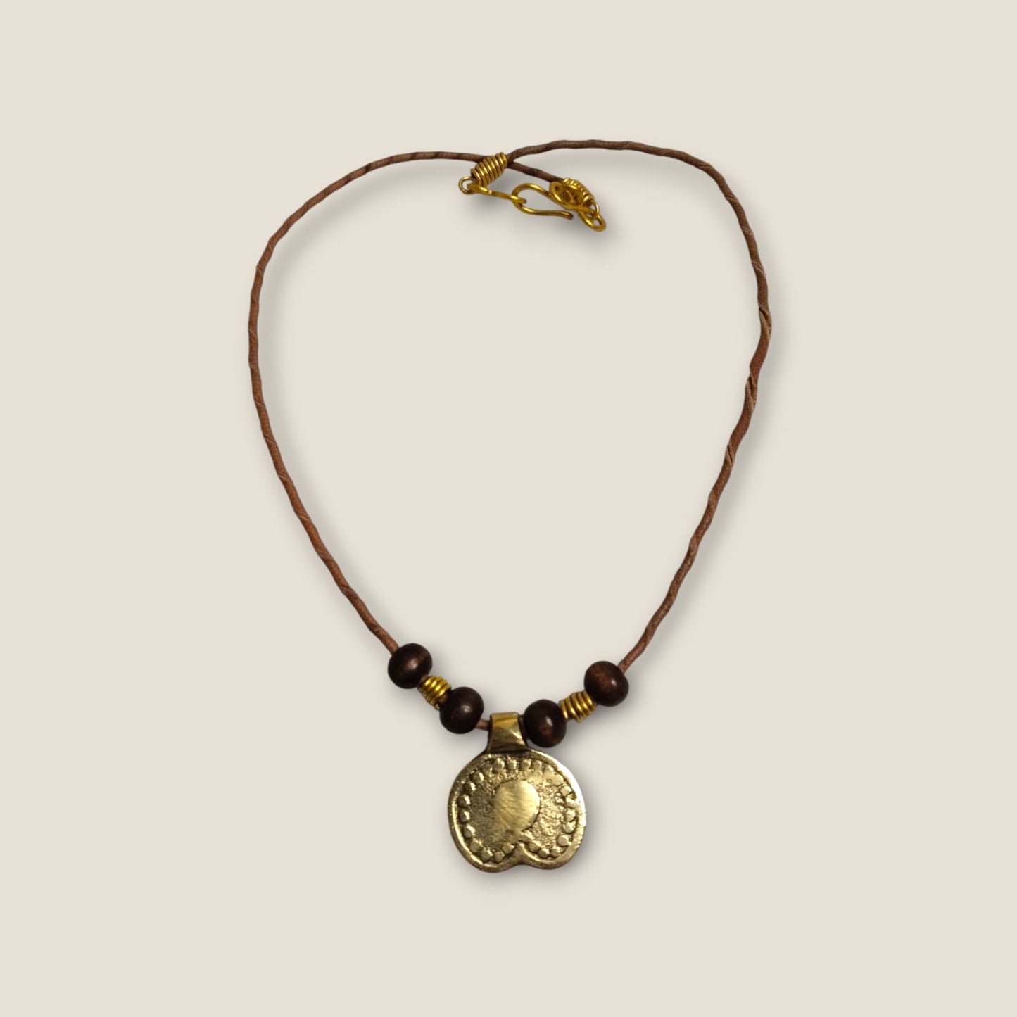 Ancient Egyptian Inspired Brass Pendant Necklace - Handcrafted Geometric Medallion with Brown Cord