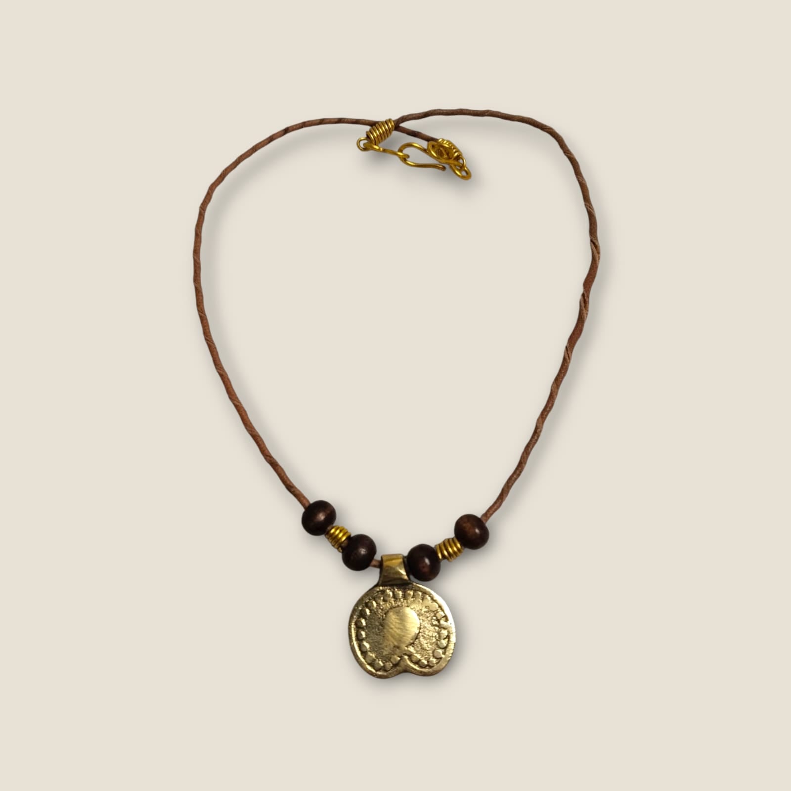 Ancient Egyptian Inspired Brass Pendant Necklace - Handcrafted Geometric Medallion with Brown Cord