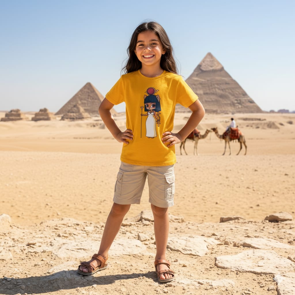 ANKH 100% Cotton T-Shirt for Kids - Egyptian Mau Cat Print