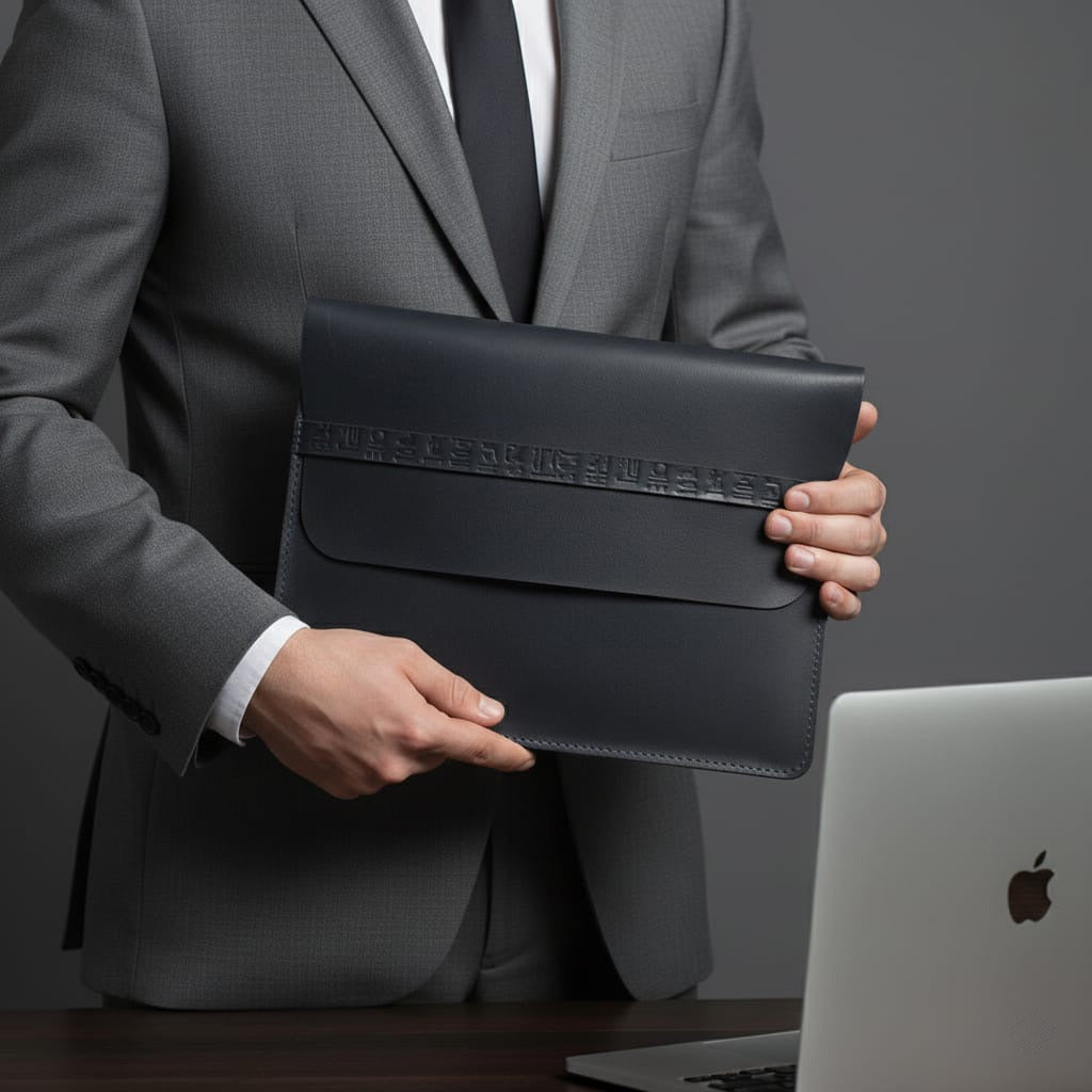 Person in a gray suit holding a black leather sleeve with a laptop on a dark surface.