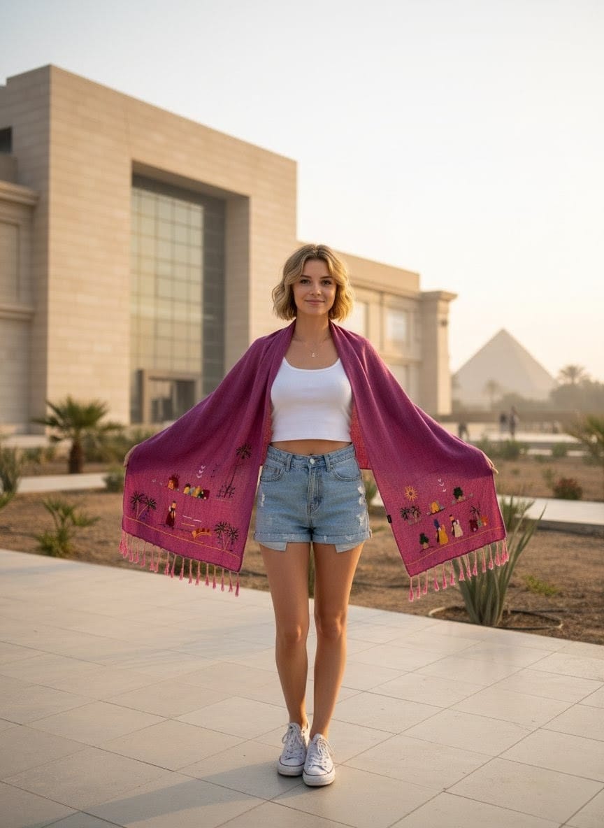 Hand-Made Cotton Scarf - Embroidered - Traditional Egyptian Colorful designs M06