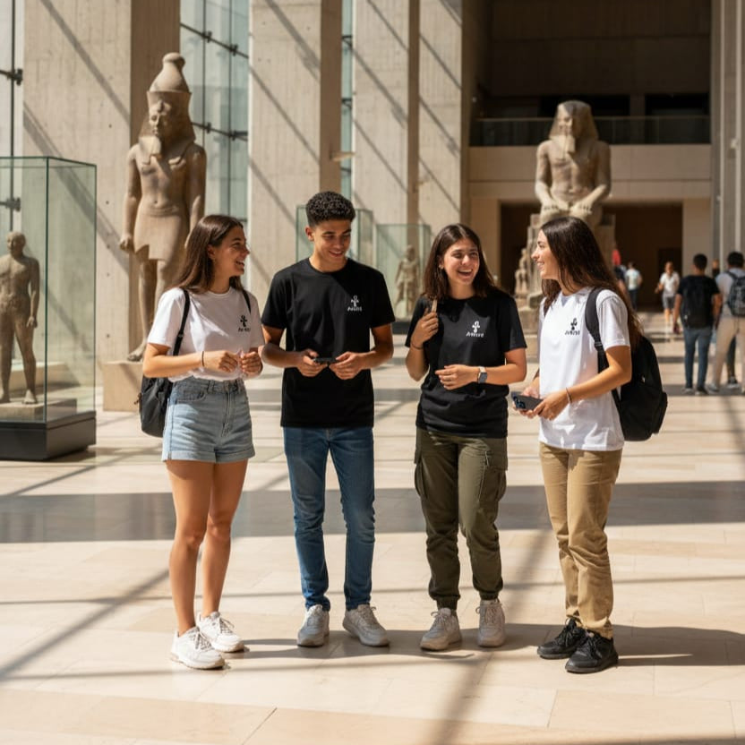 Four people standing in front of statues in a museum setting