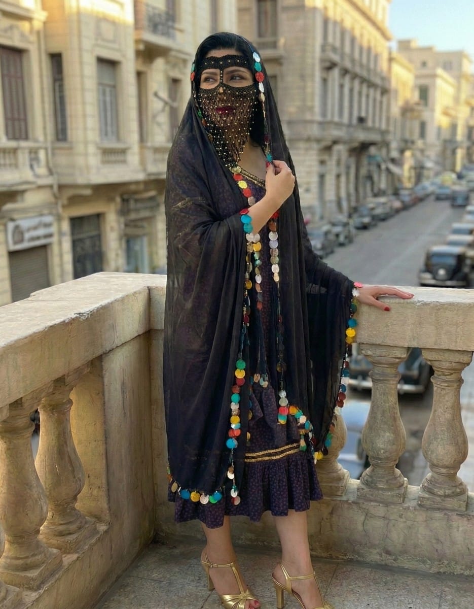 Woman in a black outfit with colorful accessories standing on a balcony with a city street in the background.