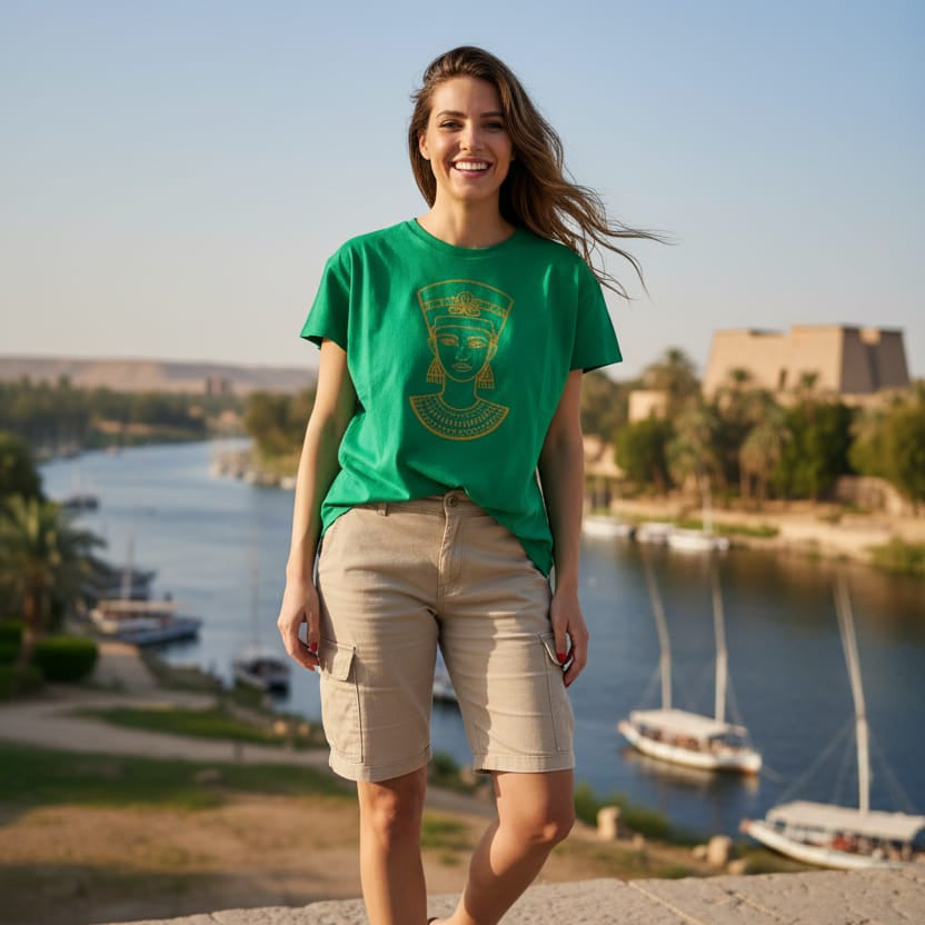 Woman in a green t-shirt and beige shorts standing by a river with boats and buildings in the background.