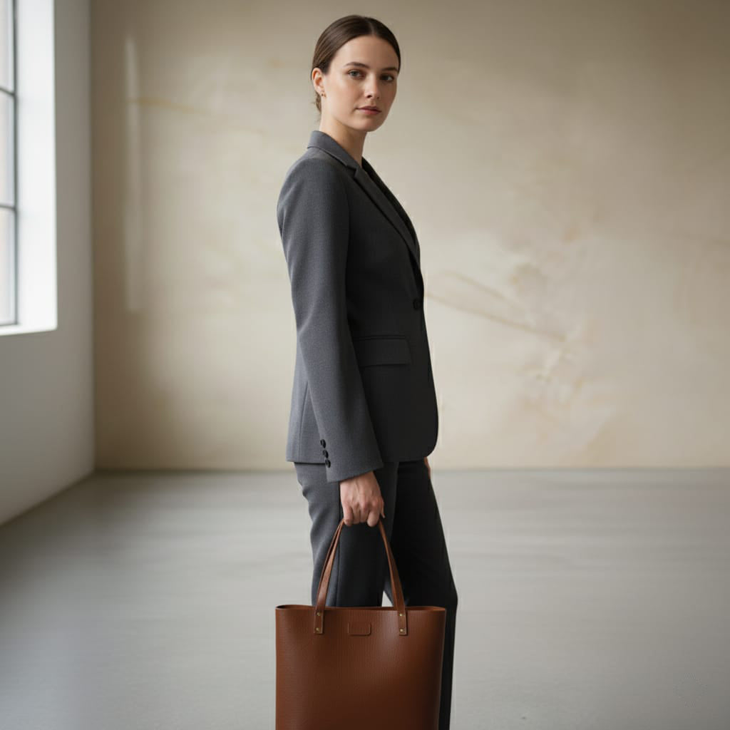 Woman in a gray suit holding a brown bag in a minimalistic room.