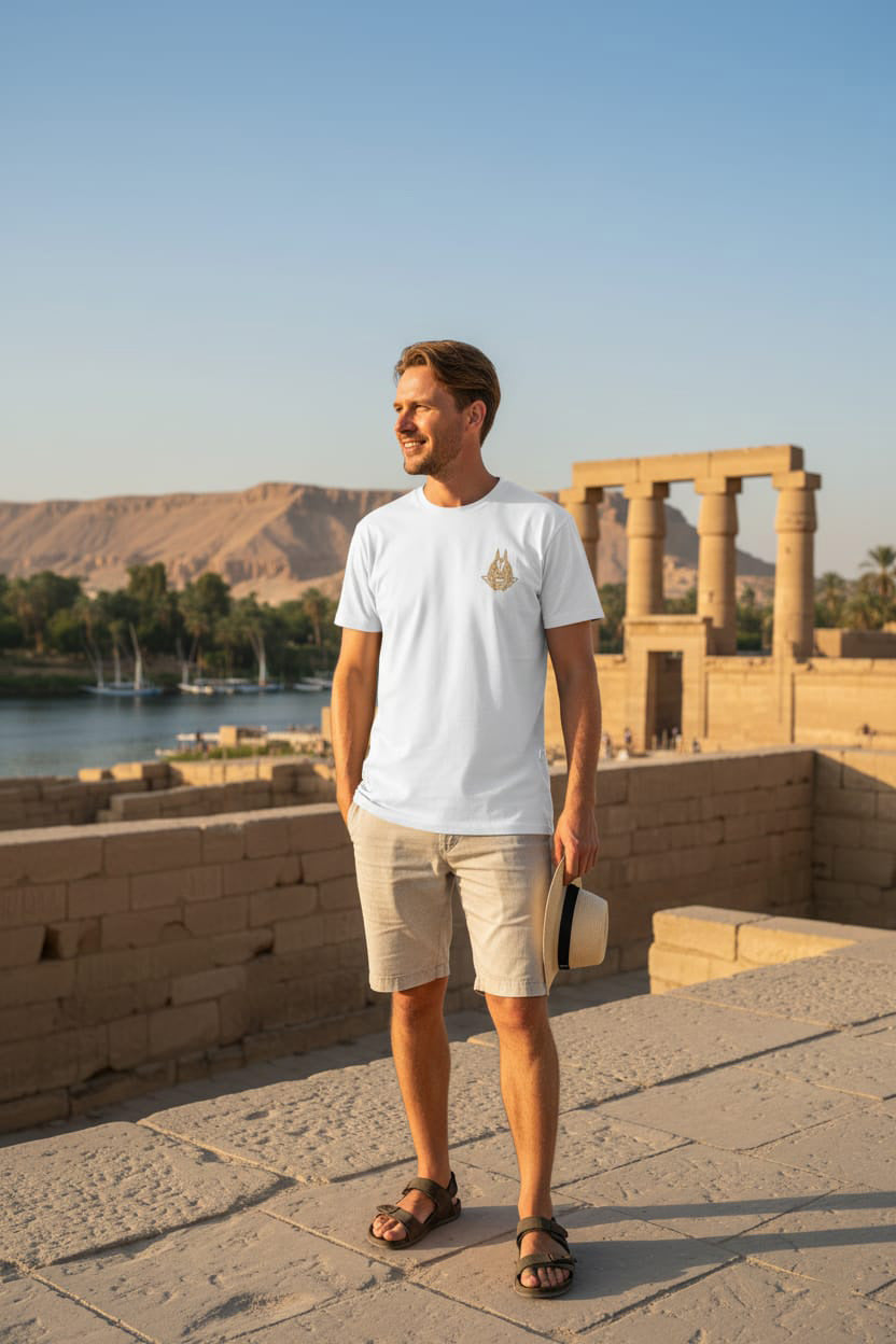 Man standing in front of ancient ruins with a scenic background
