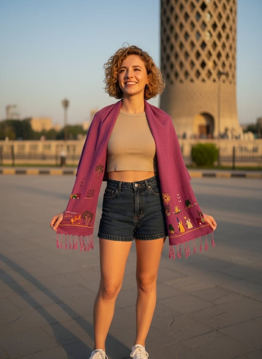 Hand-Made Cotton Scarf - Embroidered - Traditional Egyptian Colorful designs M06