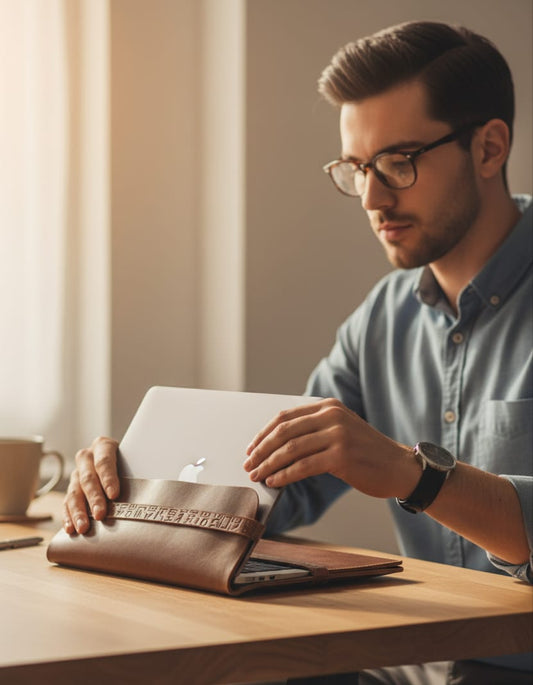 Man using a laptop on a wooden desk with a brown leather case.