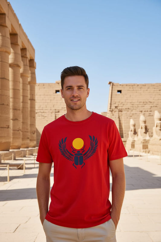 Man wearing a red t-shirt with a scarab design in front of ancient temple ruins.