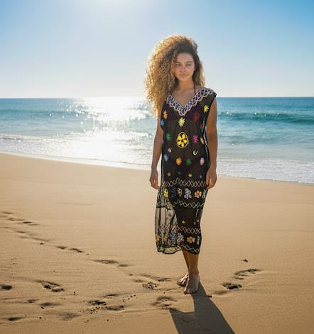 Woman in a colorful dress standing on a sandy beach with ocean in the background