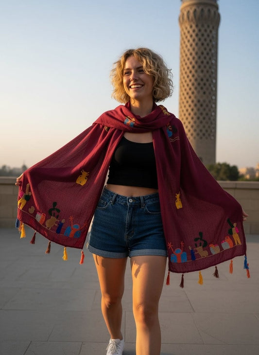 Hand-Made Cotton Scarf - Embroidered - Traditional Egyptian Colorful designs M06