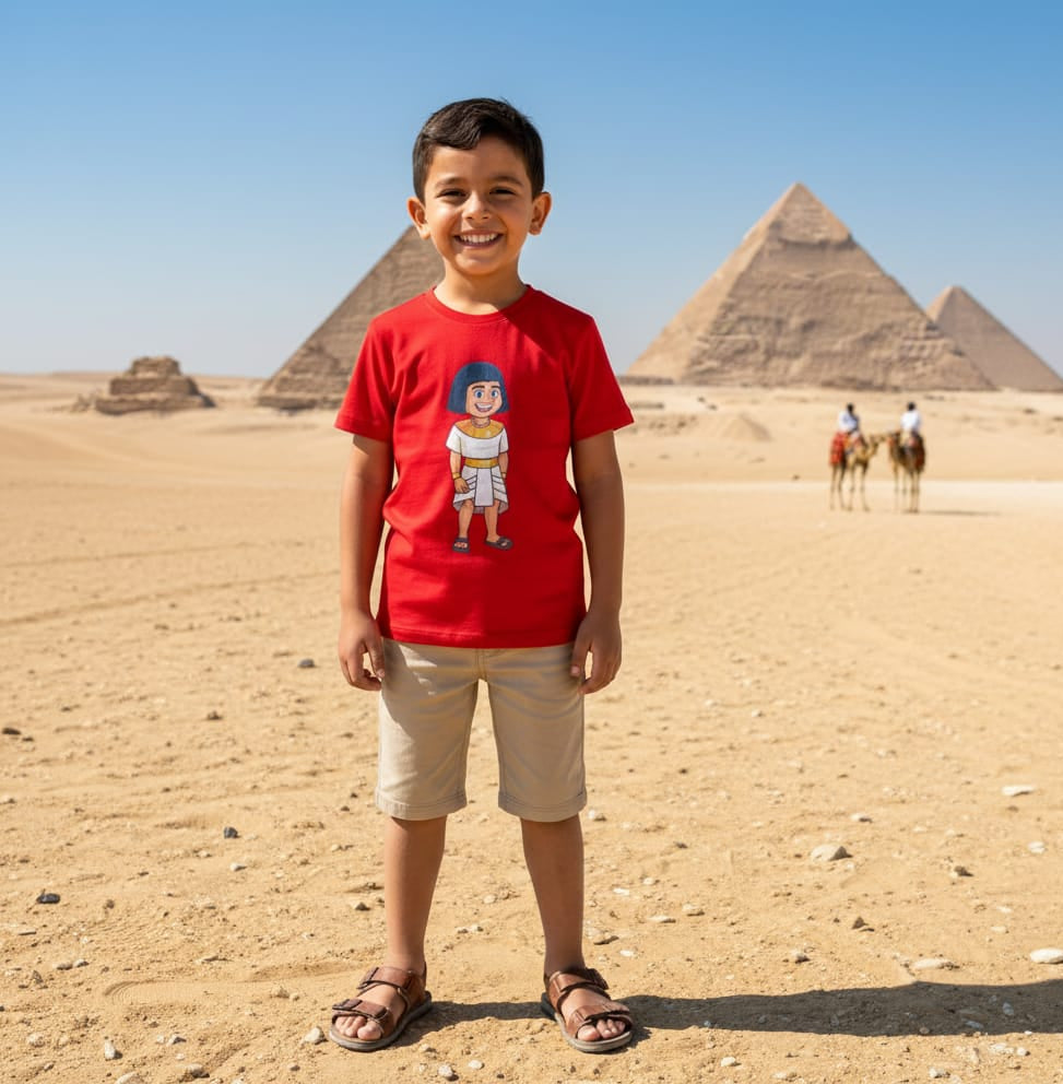 Child wearing a red shirt with a graphic design in front of pyramids
