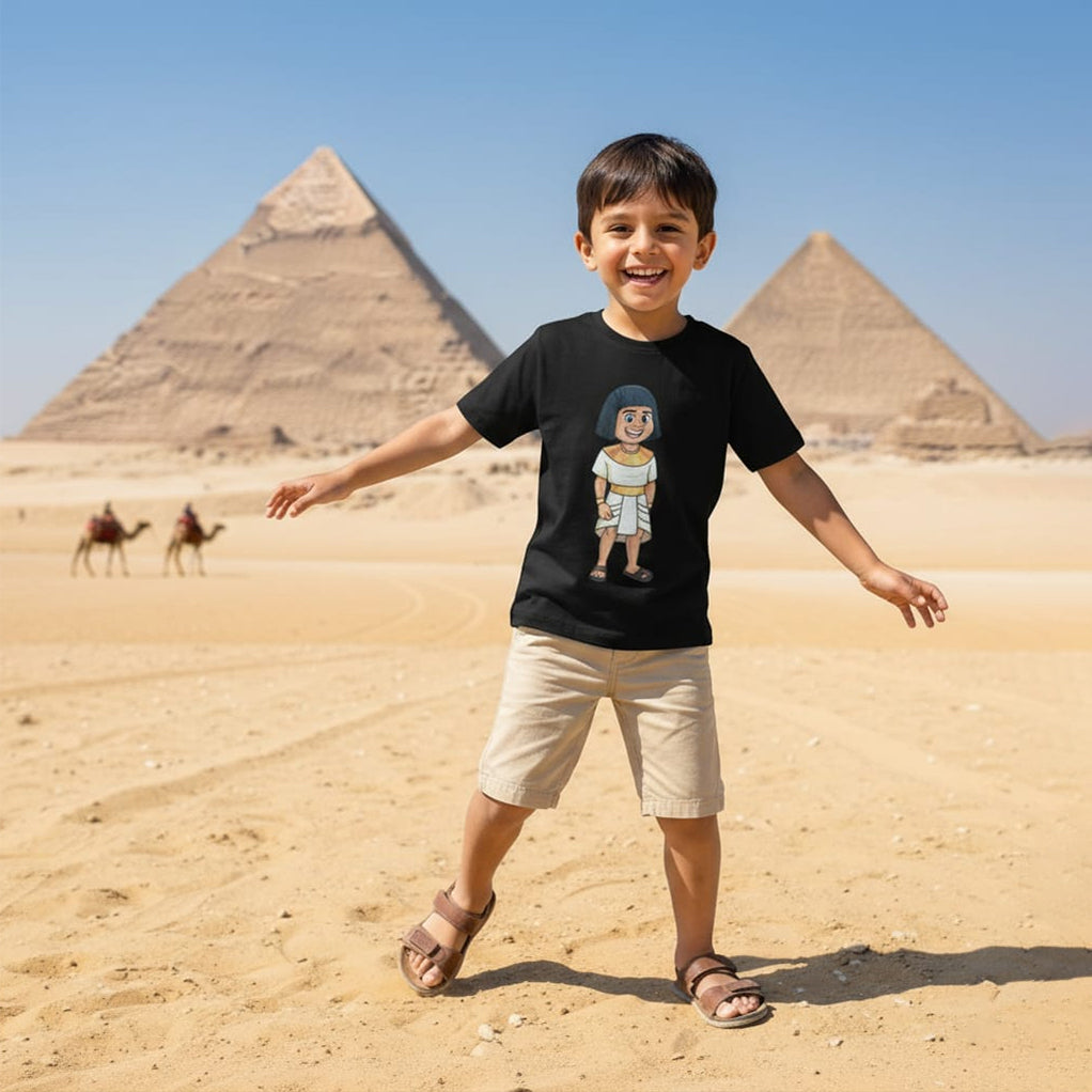 Child in front of pyramids wearing a black t-shirt with a graphic design.