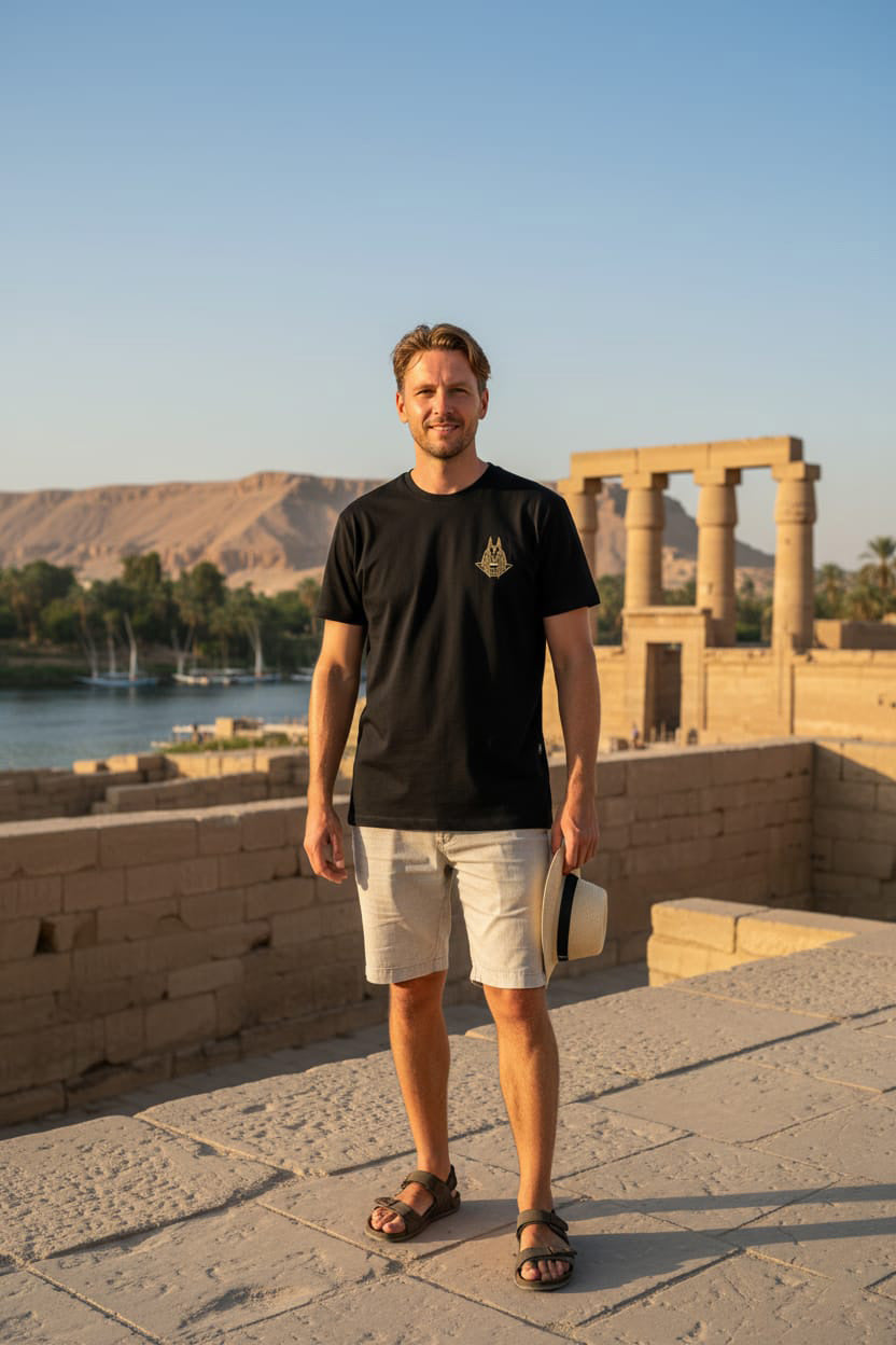 Man standing in front of ancient temple ruins with a body of water and mountains in the background.