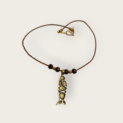 Ancient Egyptian Fish Pendant Necklace - Handcrafted Brass Symbol on 44cm Leather Cord