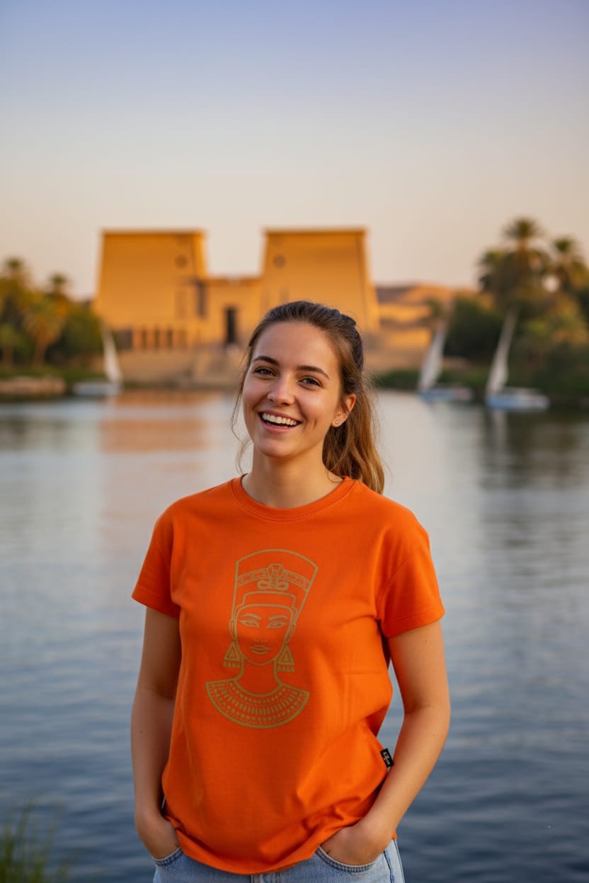 Person wearing an orange t-shirt with a logo, standing by a body of water with a building and palm trees in the background.