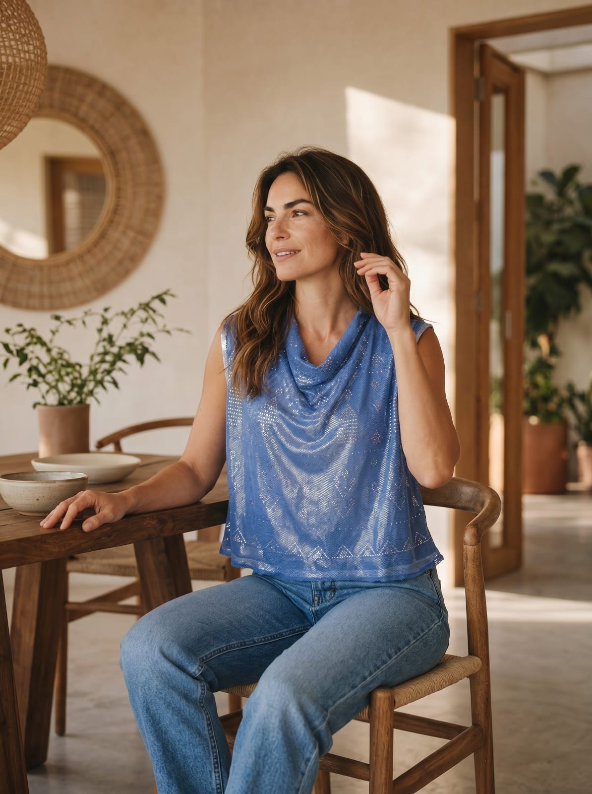 Woman wearing blue tally top sitting at a wooden table in a bright room with plants and a mirror.