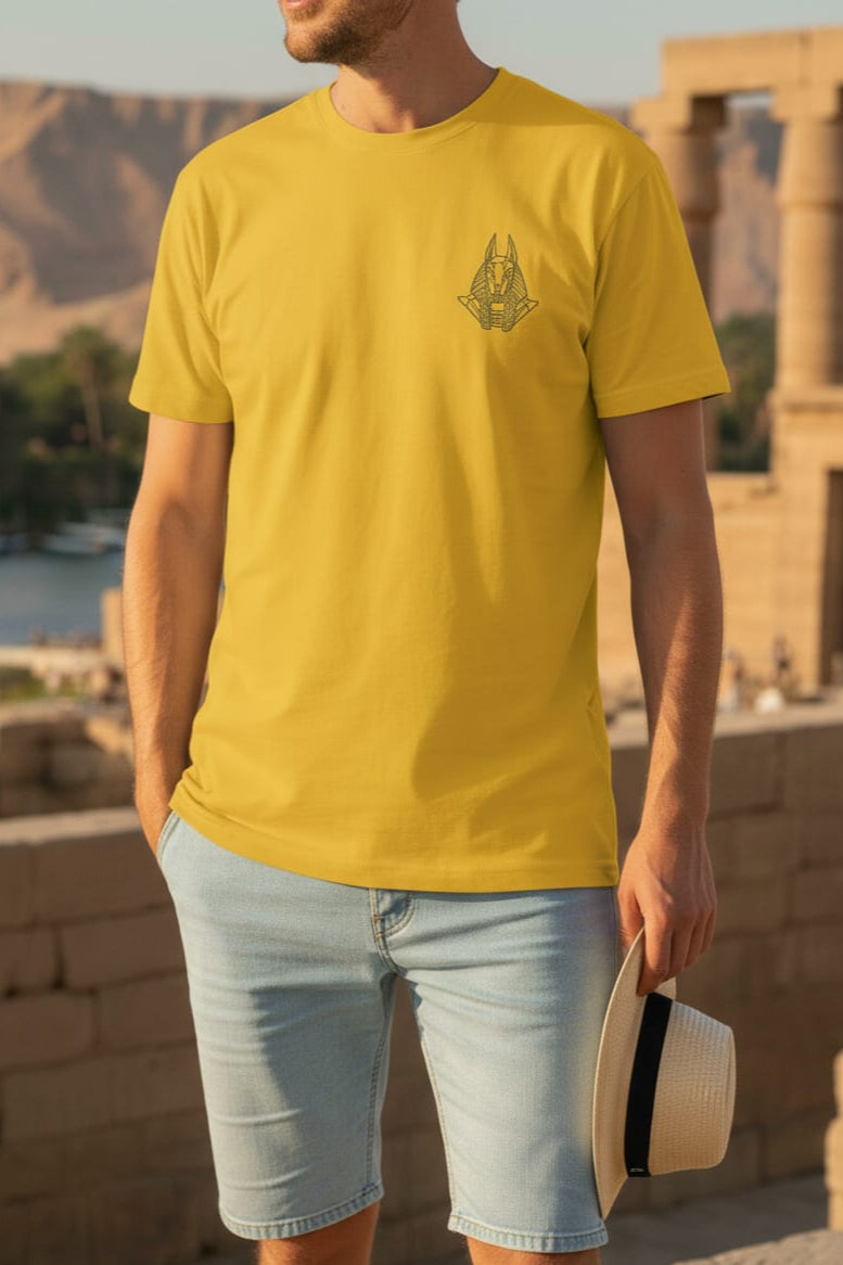 Person wearing a yellow t-shirt with a logo, standing in front of ancient ruins.