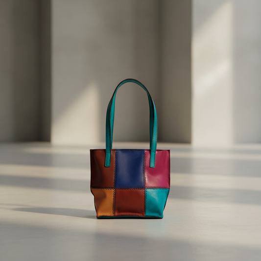 Multicolored patchwork handbag on a light background