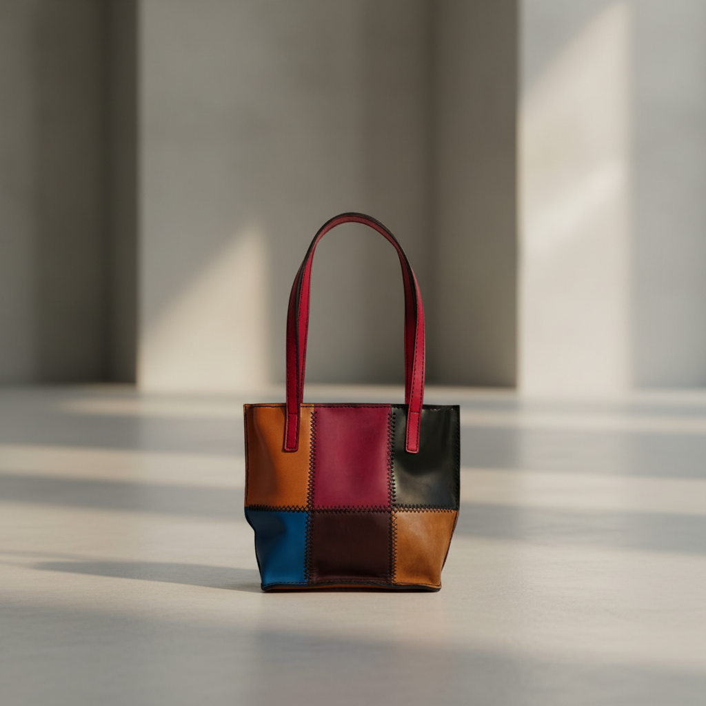 Multicolored patchwork handbag on a neutral background