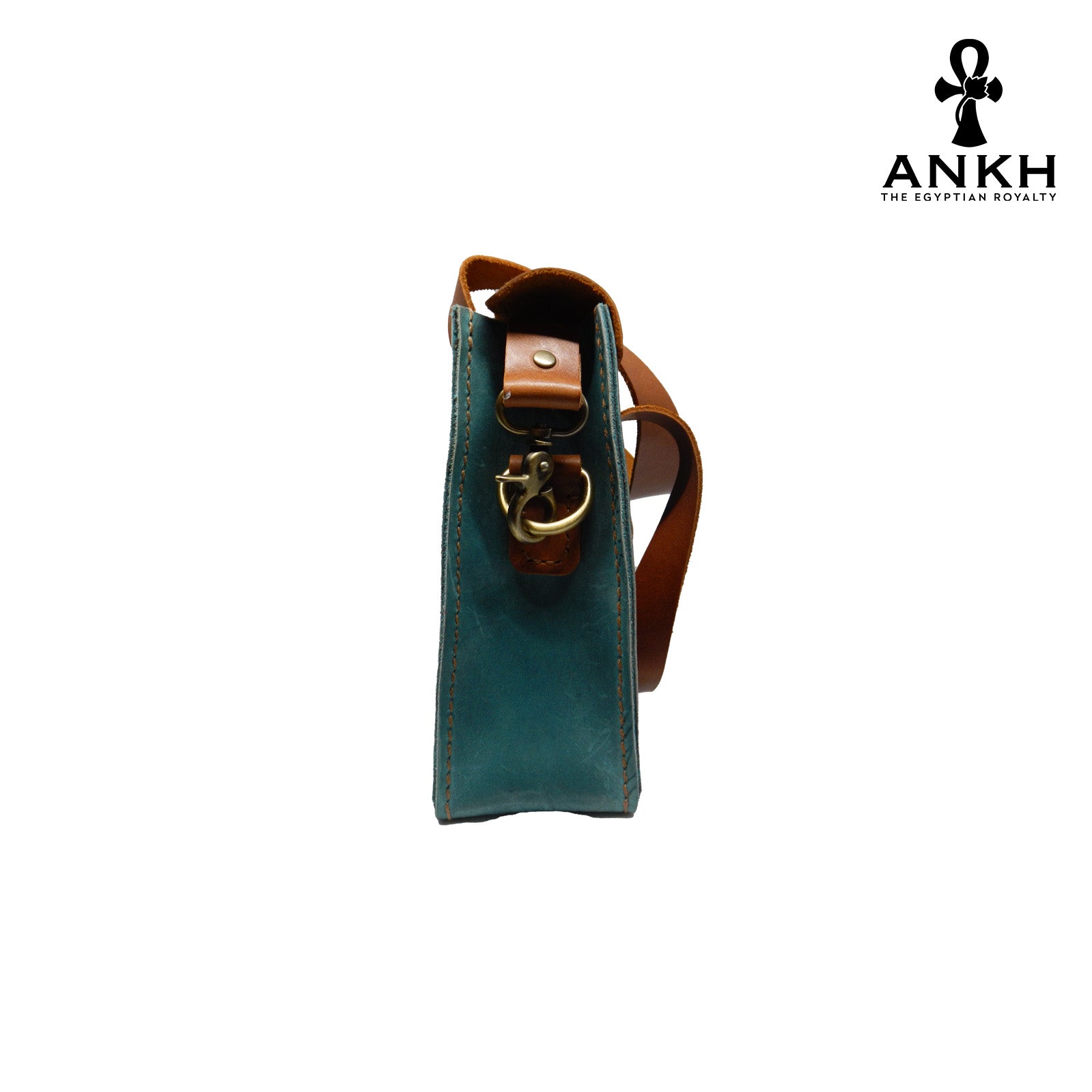 A genuine leather cross bag with handcrafted brass accessories and multiple pockets, displayed on a white background with a black logo of ANKH - The Egyptian Royalty.