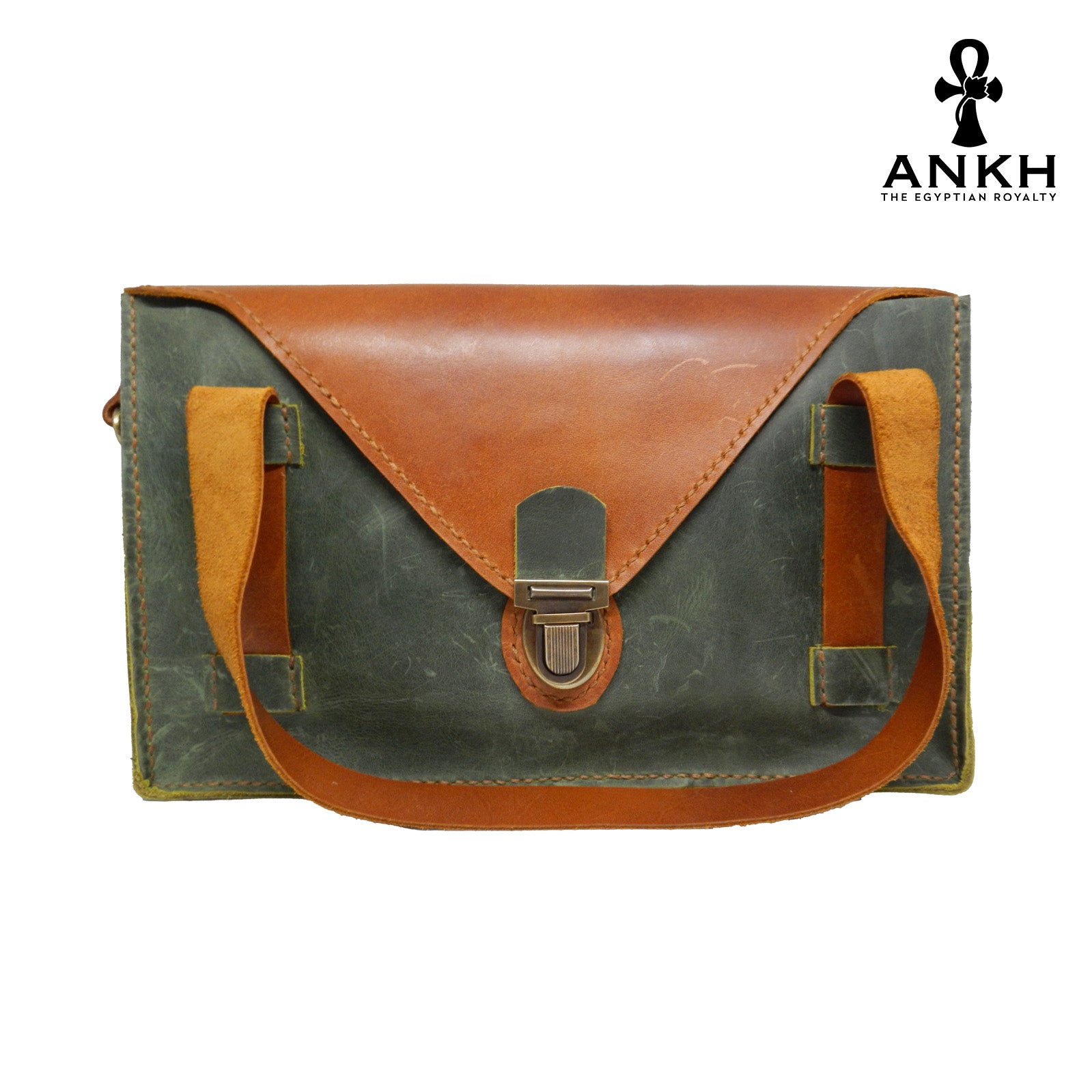 A genuine leather cross bag with handcrafted brass accessories and multiple pockets, displayed on a white background with a black logo of ANKH - The Egyptian Royalty.