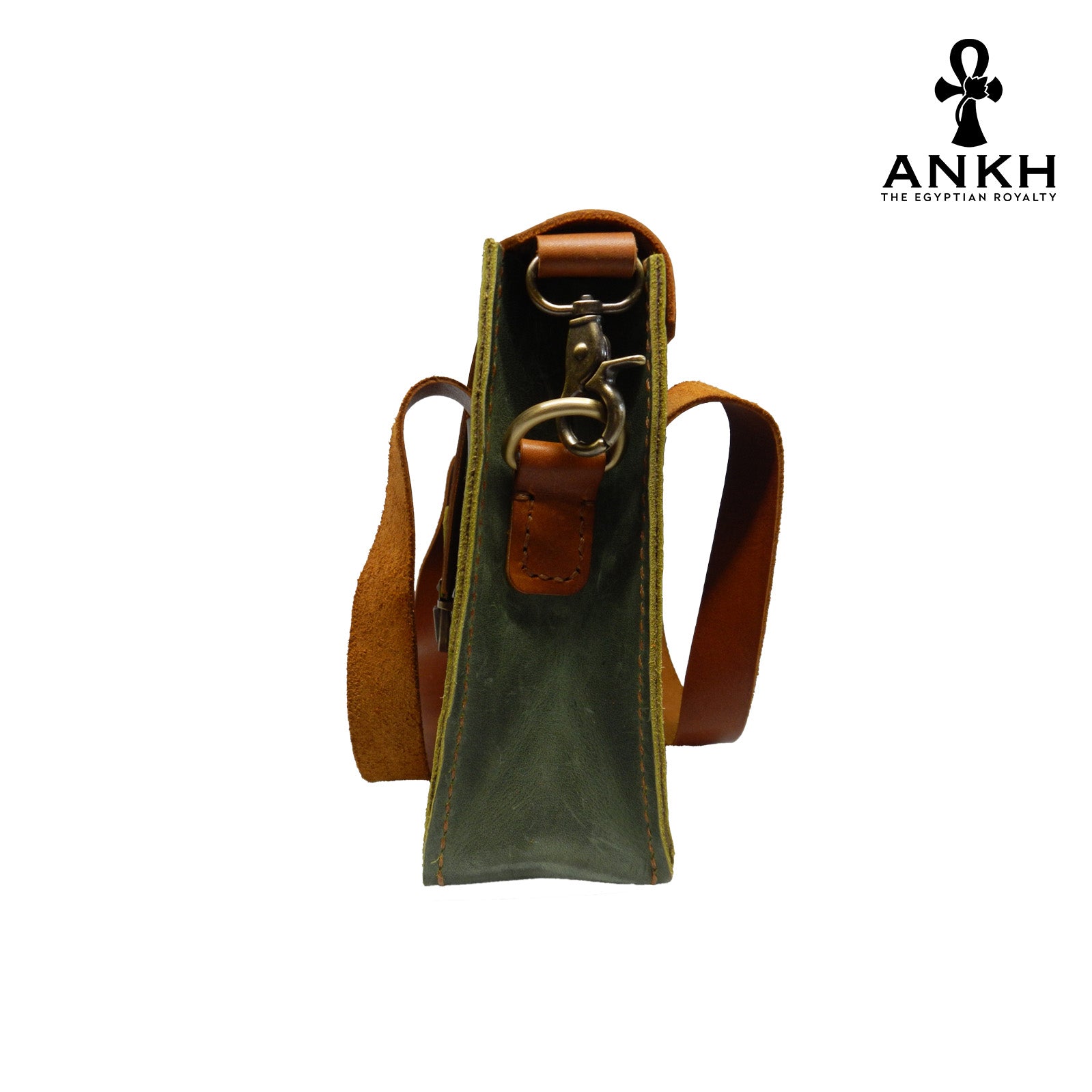 A genuine leather cross bag with handcrafted brass accessories and multiple pockets, displayed on a white background with a black logo of ANKH - The Egyptian Royalty.