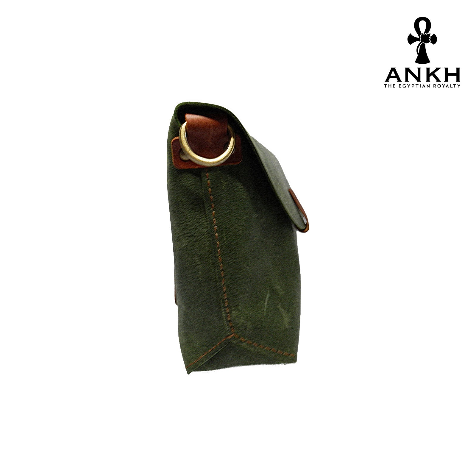 A genuine leather cross bag in red color with handcrafted brass accessories and multiple pockets, displayed on a white mannequin bust with a black logo of ANKH - The Egyptian Royalty.