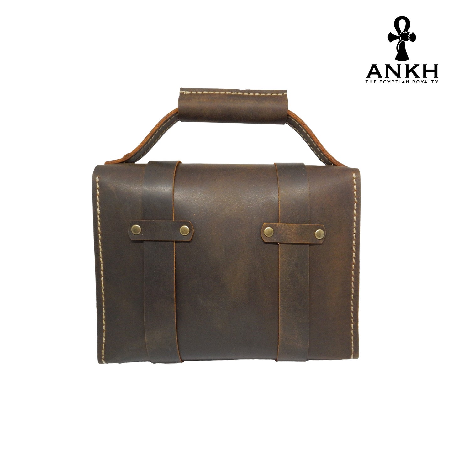 A genuine leather cross bag with handcrafted brass accessories and multiple pockets, displayed on a white background with a black logo of ANKH - The Egyptian Royalty.