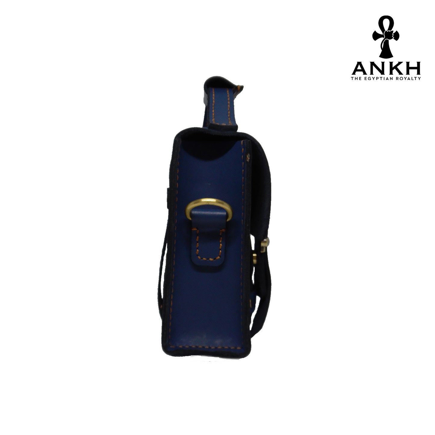 A genuine leather cross bag with handcrafted brass accessories and multiple pockets, displayed on a white background with a black logo of ANKH - The Egyptian Royalty.