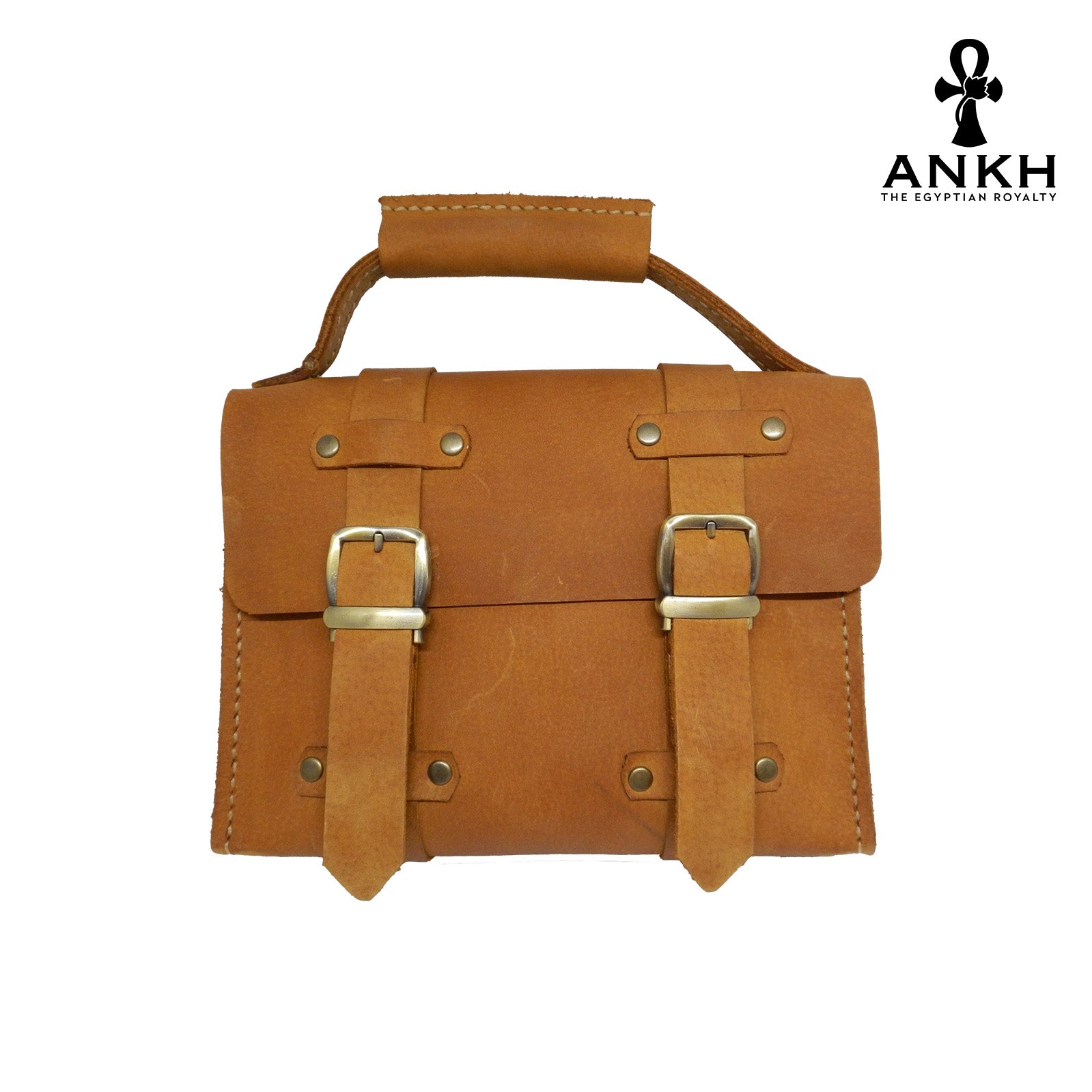 A genuine leather cross bag with handcrafted brass accessories and multiple pockets, displayed on a white background with a black logo of ANKH - The Egyptian Royalty.