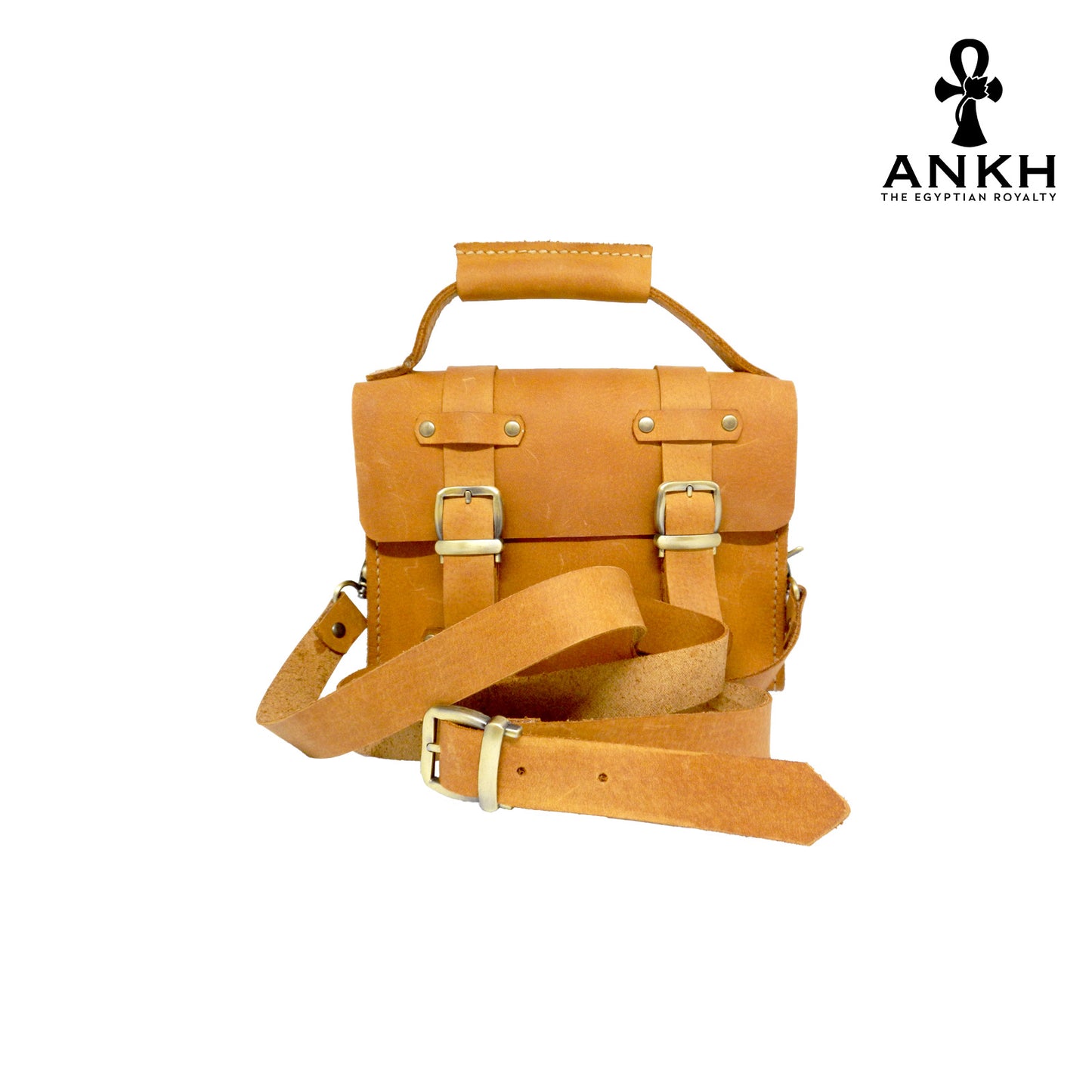 A genuine leather cross bag with handcrafted brass accessories and multiple pockets, displayed on a white background with a black logo of ANKH - The Egyptian Royalty.