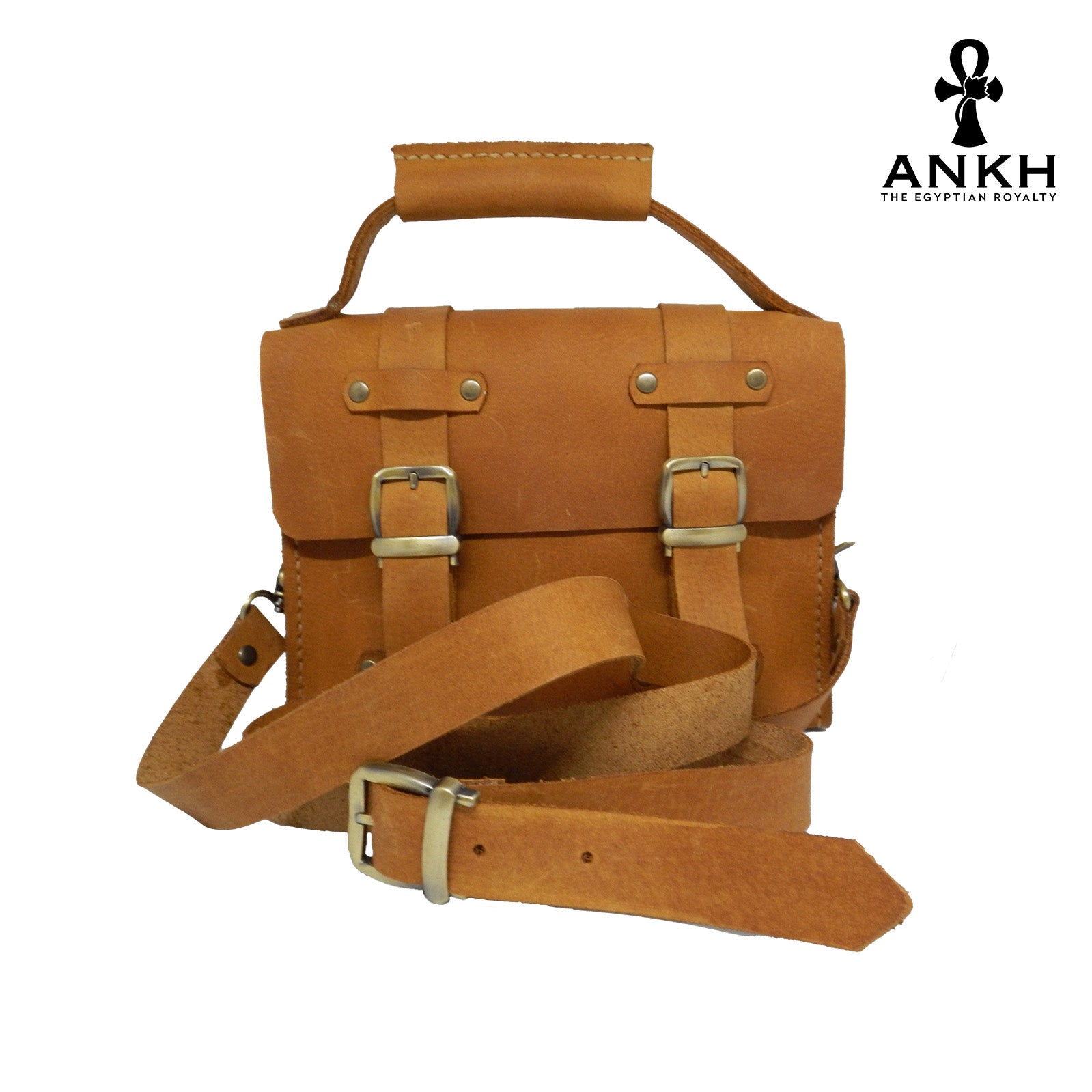 A genuine leather cross bag with handcrafted brass accessories and multiple pockets, displayed on a white background with a black logo of ANKH - The Egyptian Royalty.