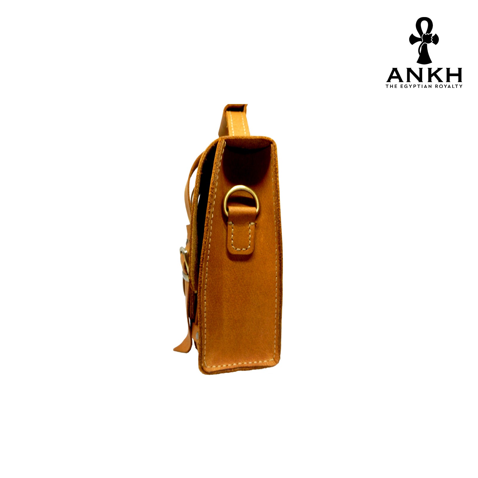 A genuine leather cross bag with handcrafted brass accessories and multiple pockets, displayed on a white background with a black logo of ANKH - The Egyptian Royalty.