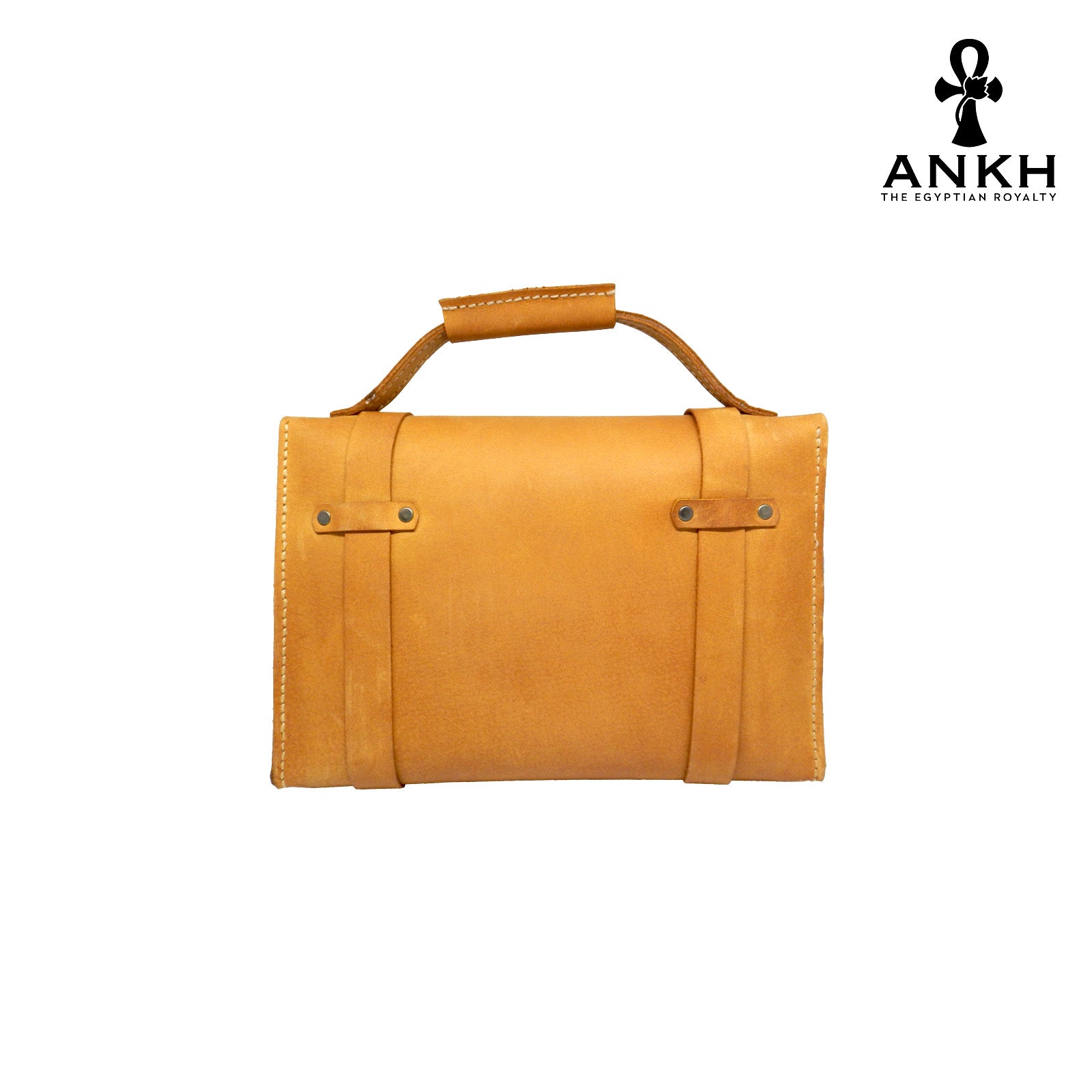 A genuine leather cross bag with handcrafted brass accessories and multiple pockets, displayed on a white background with a black logo of ANKH - The Egyptian Royalty.