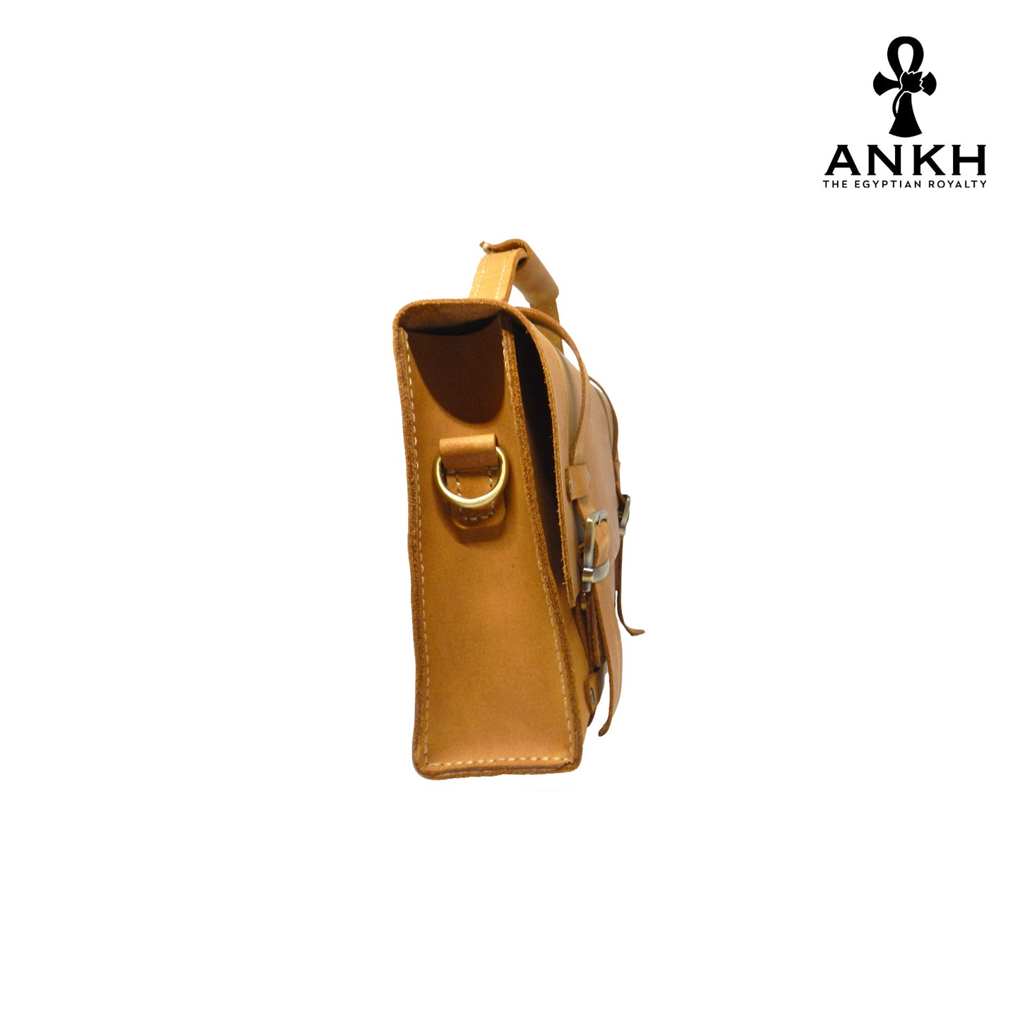 A genuine leather cross bag with handcrafted brass accessories and multiple pockets, displayed on a white background with a black logo of ANKH - The Egyptian Royalty.