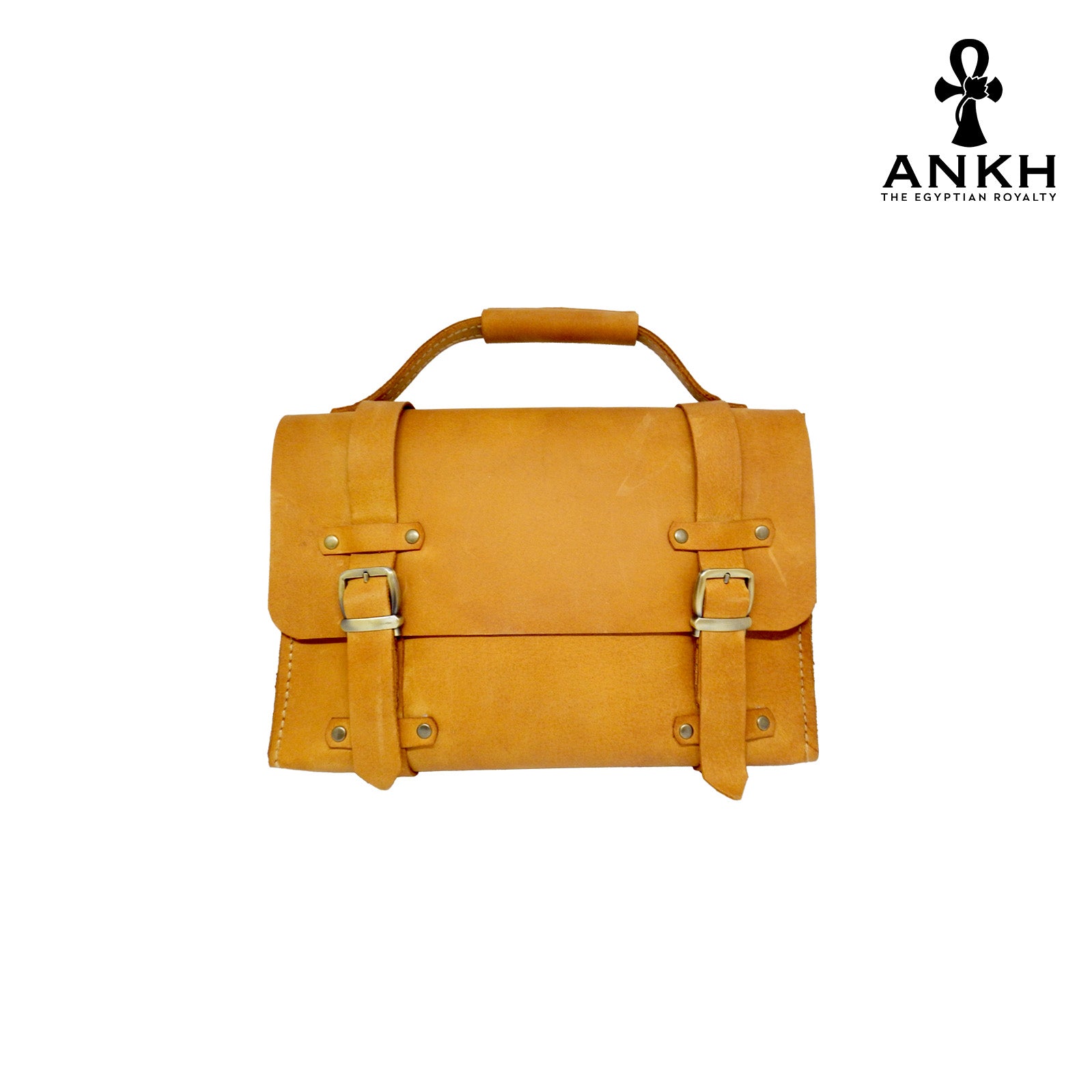 A genuine leather cross bag with handcrafted brass accessories and multiple pockets, displayed on a white background with a black logo of ANKH - The Egyptian Royalty.