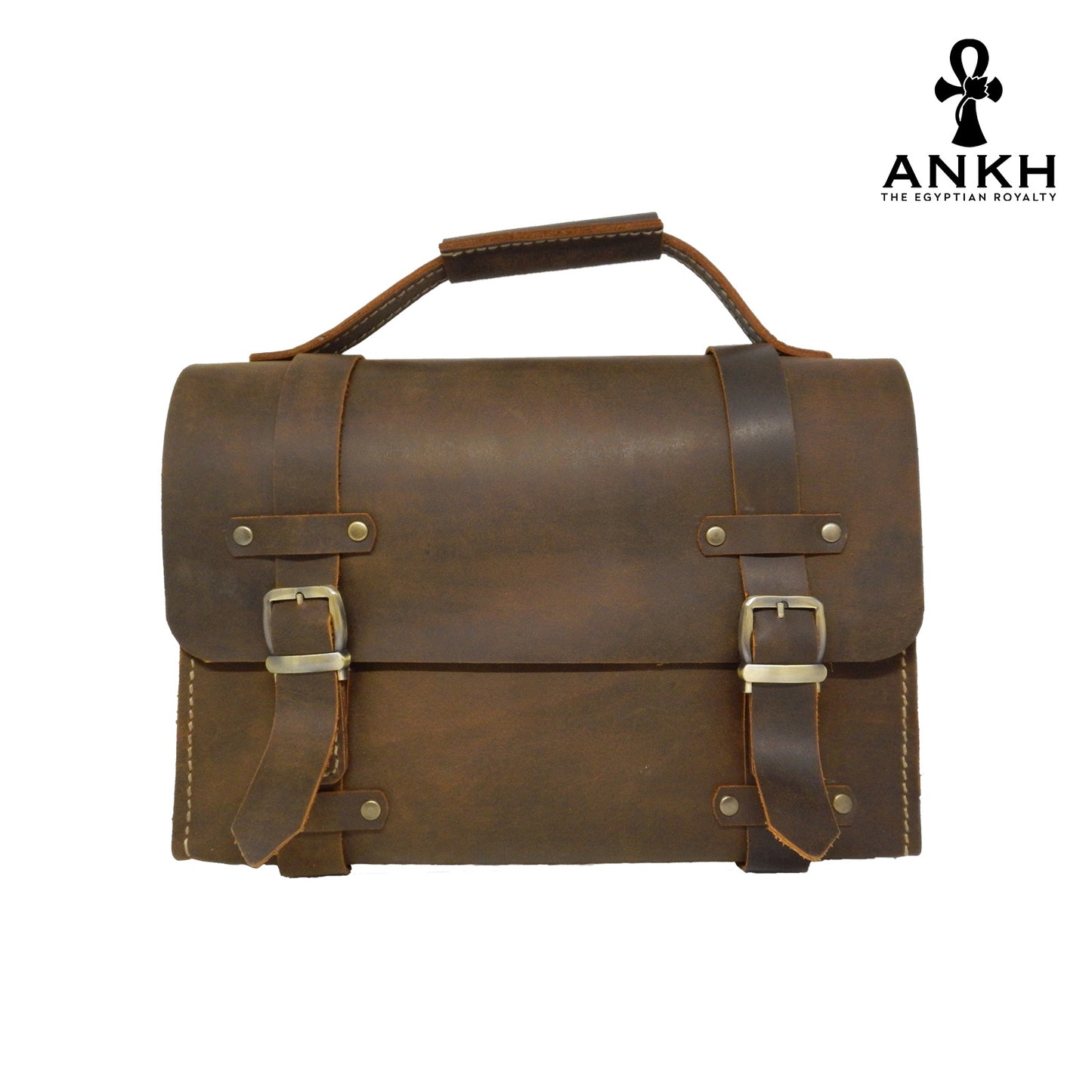 A genuine leather cross bag with handcrafted brass accessories and multiple pockets, displayed on a white background with a black logo of ANKH - The Egyptian Royalty.