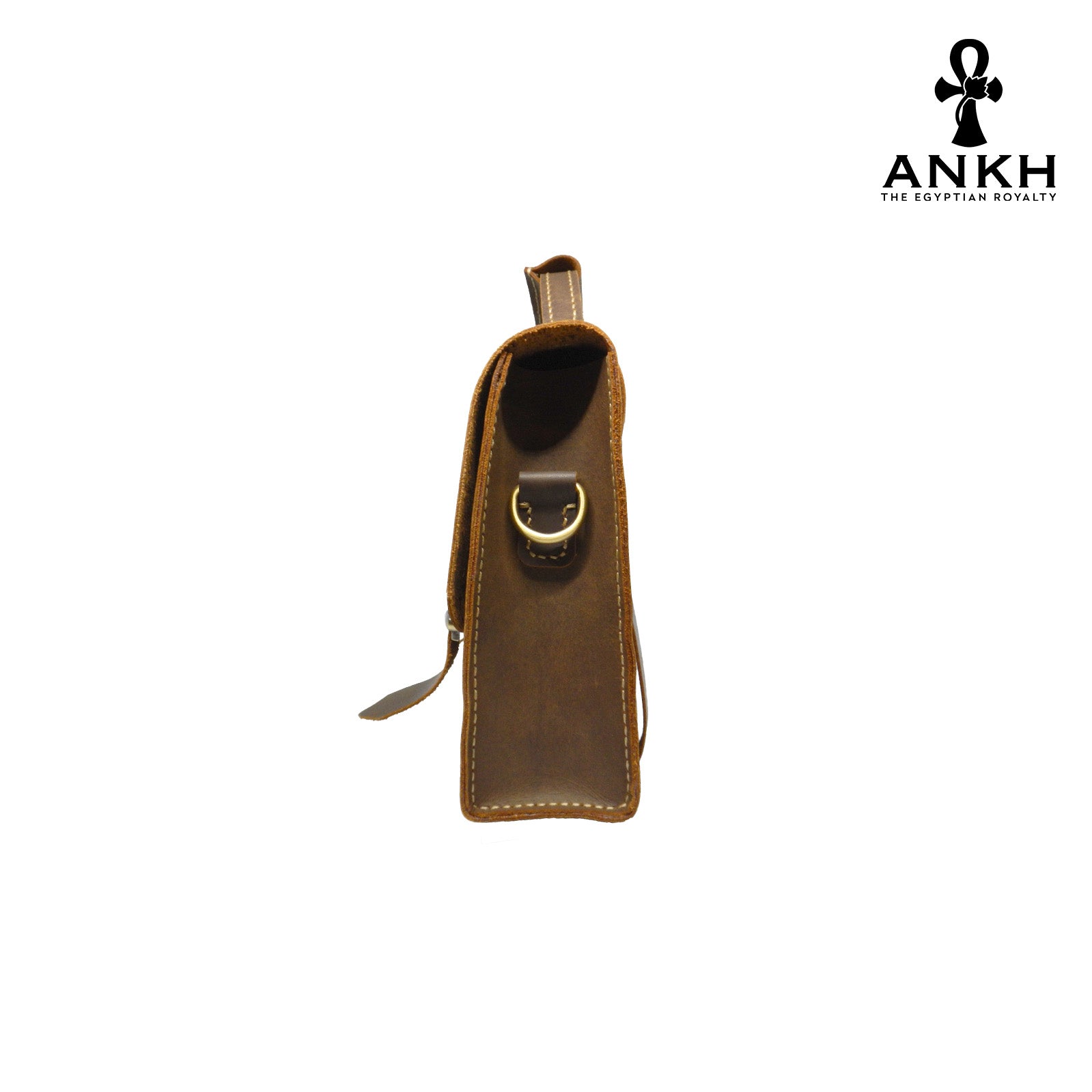 A genuine leather cross bag with handcrafted brass accessories and multiple pockets, displayed on a white background with a black logo of ANKH - The Egyptian Royalty.