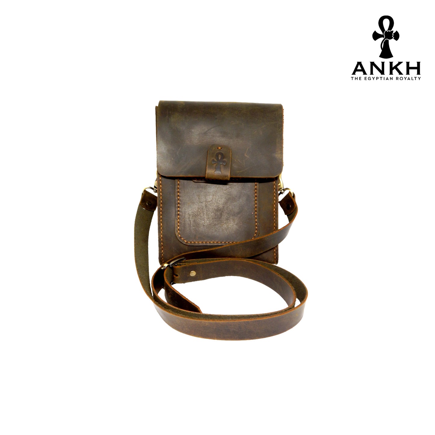 A genuine leather cross bag in navy blue and tan color with handcrafted brass accessories and multiple pockets, displayed on a white mannequin bust with a black logo of ANKH - The Egyptian Royalty.