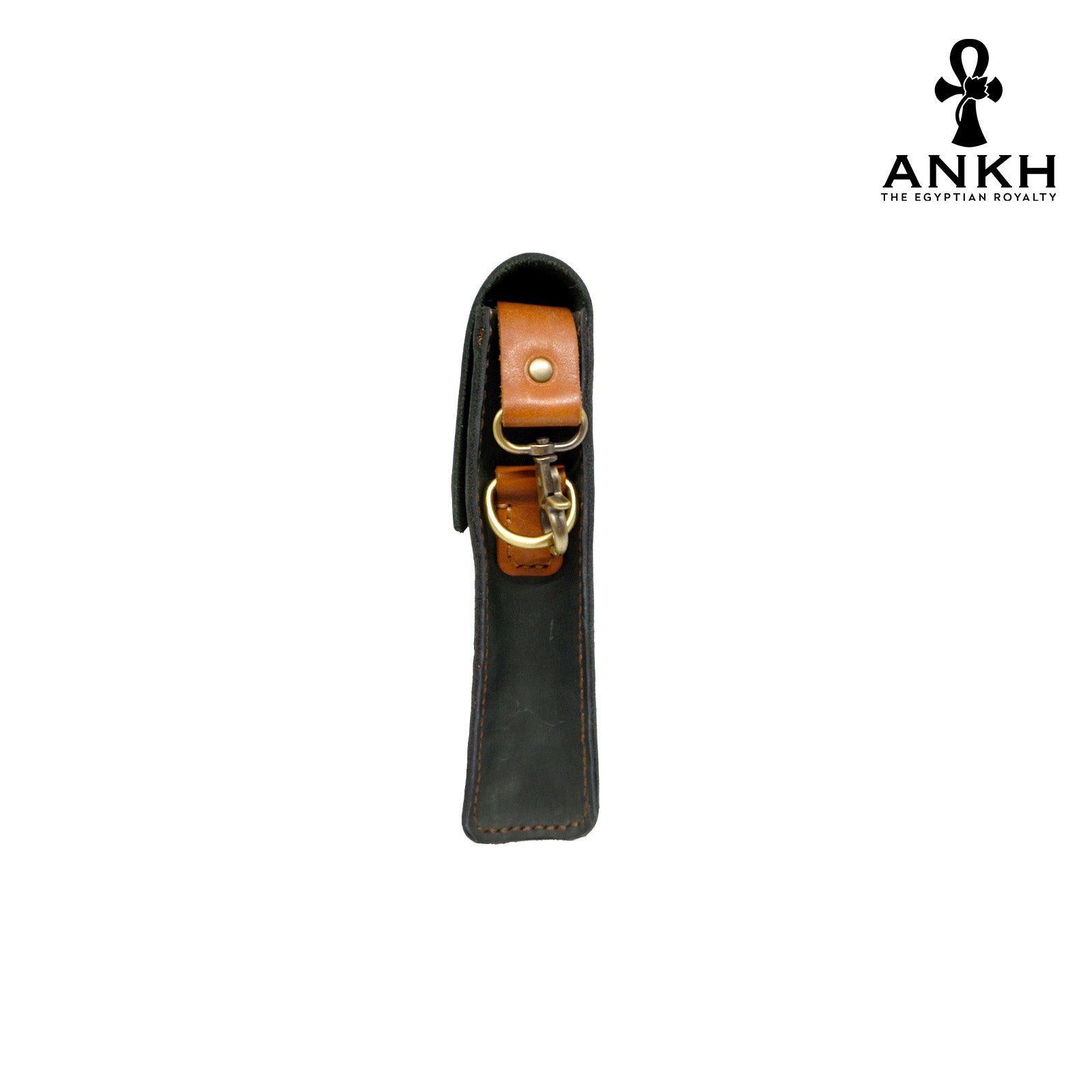 A genuine leather cross bag in navy blue and tan color with handcrafted brass accessories and multiple pockets, displayed on a white mannequin bust with a black logo of ANKH - The Egyptian Royalty.