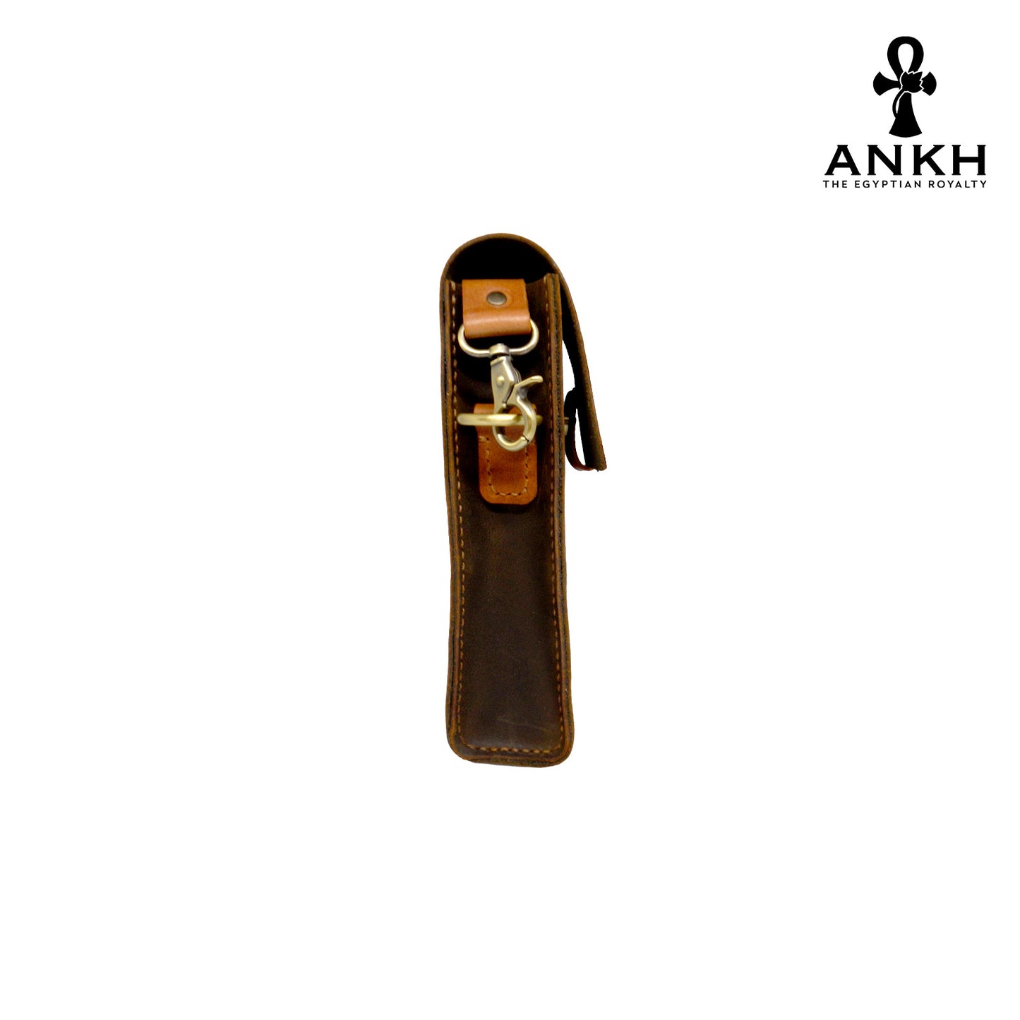 A genuine leather cross bag in navy blue and tan color with handcrafted brass accessories and multiple pockets, displayed on a white mannequin bust with a black logo of ANKH - The Egyptian Royalty.