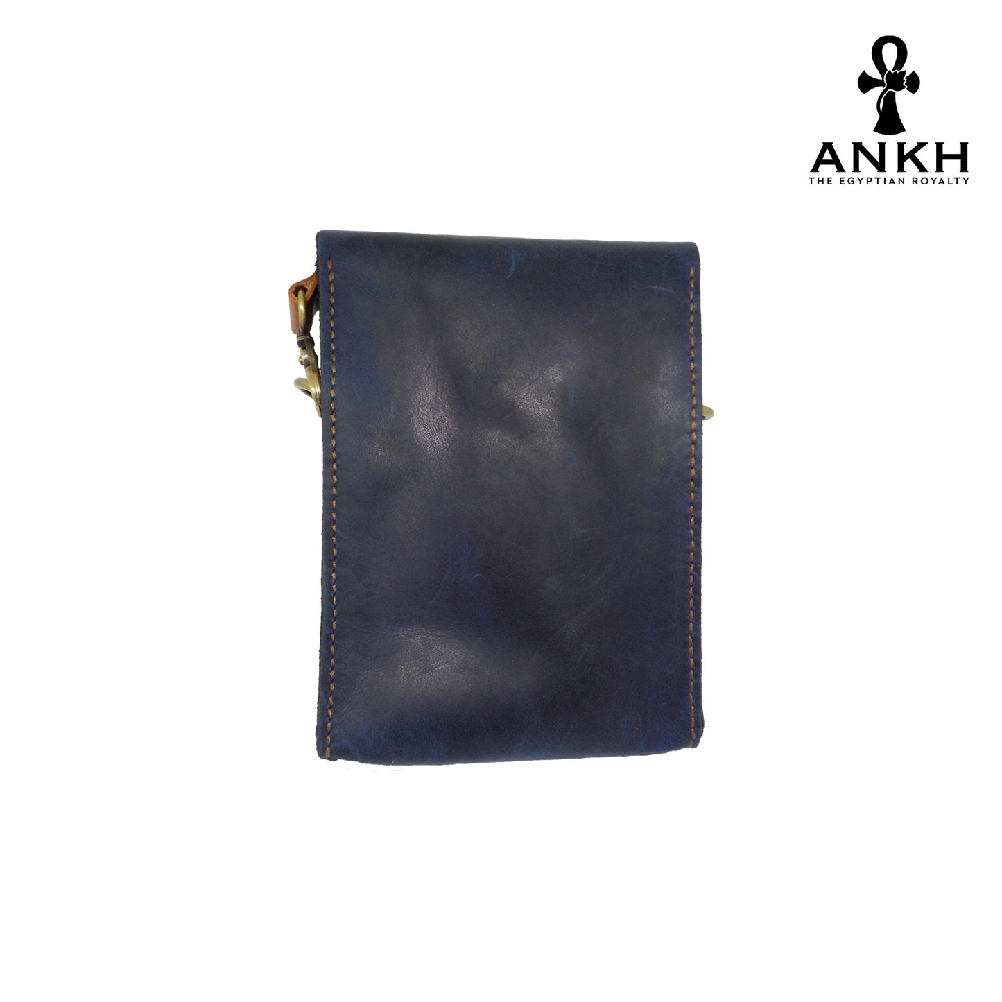 A genuine leather cross bag in navy blue and tan color with handcrafted brass accessories and multiple pockets, displayed on a white mannequin bust with a black logo of ANKH - The Egyptian Royalty.