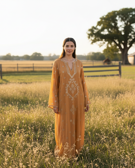 Woman in a long, mustard-colored dress with intricate patterns standing in a field.