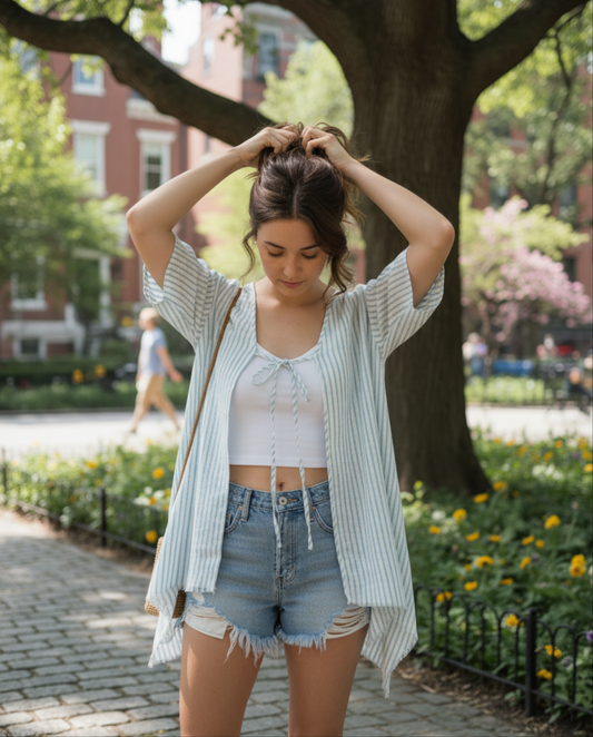 Woman in a park wearing a white crop top, denim shorts, and a striped cardigan.