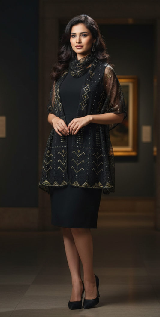 Woman wearing a dark blue dress with intricate patterns in a dimly lit room.