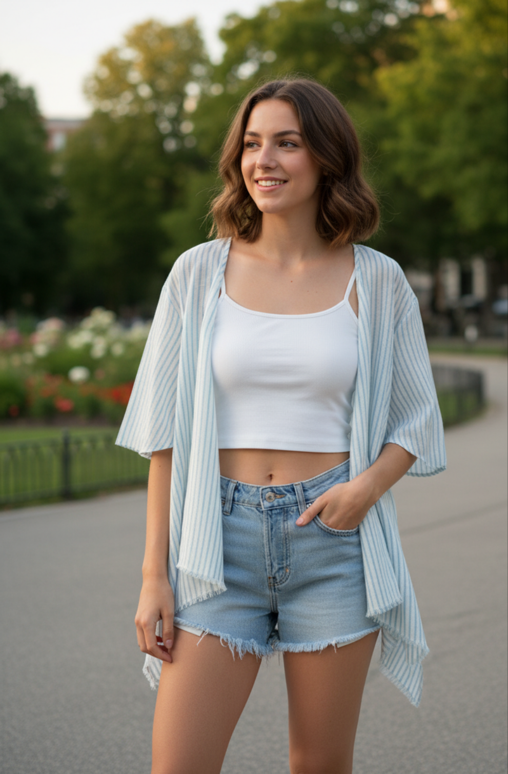 Woman wearing a white crop top and denim shorts with a light blue cardigan in an outdoor setting.