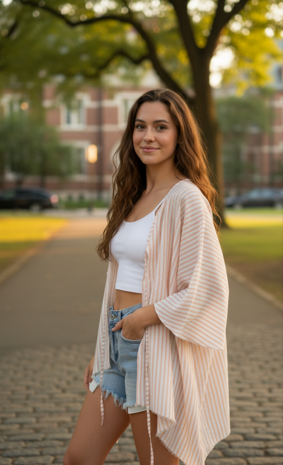 Woman in a white top and beige cardigan standing on a path with trees and buildings in the background