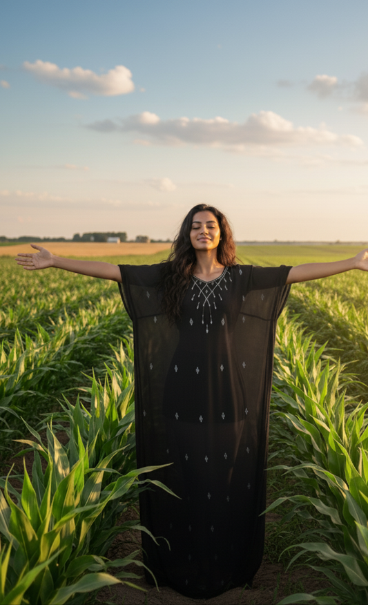 Woman in a black dress standing in a field with arms outstretched, enjoying nature.
