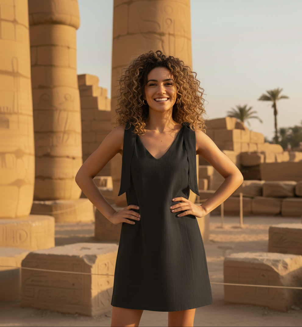 Woman in a black dress standing in front of ancient Egyptian columns.